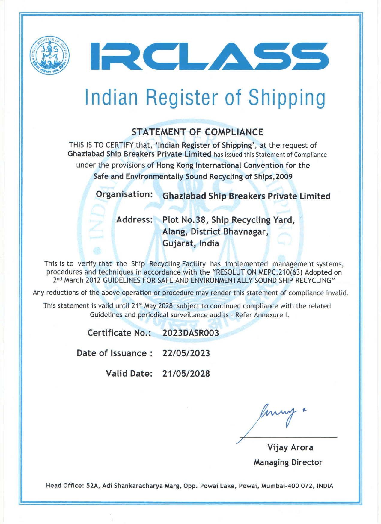 Ghaziabad-Ship-Breakers-irclass-certificate