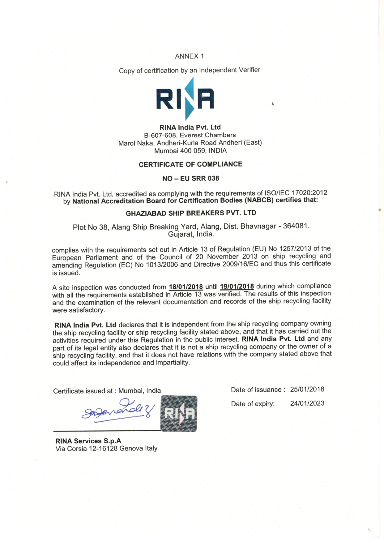 RINA EU SRR certificate