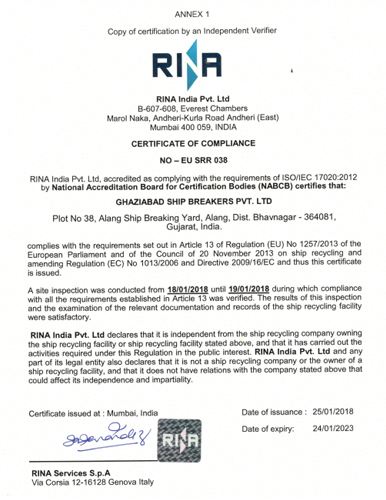 Certificate of Compilance RINA