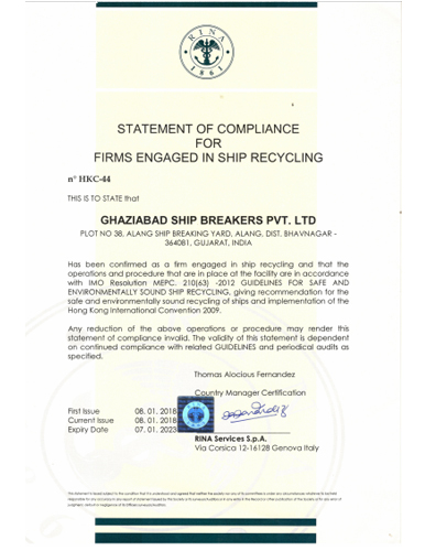 Certificate of Compilance RINA