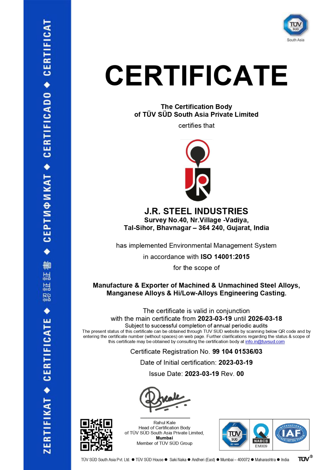 14001 : 2015 | J R Steel Industries