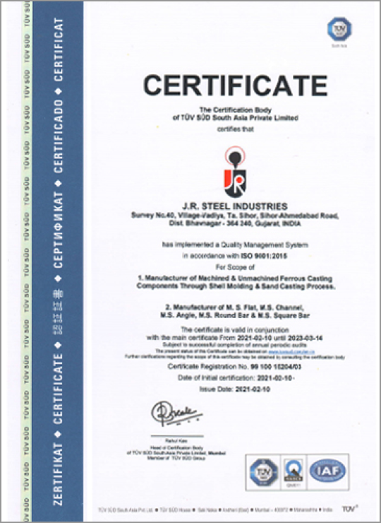 ISO 9001:2015 | J R Steel Industries