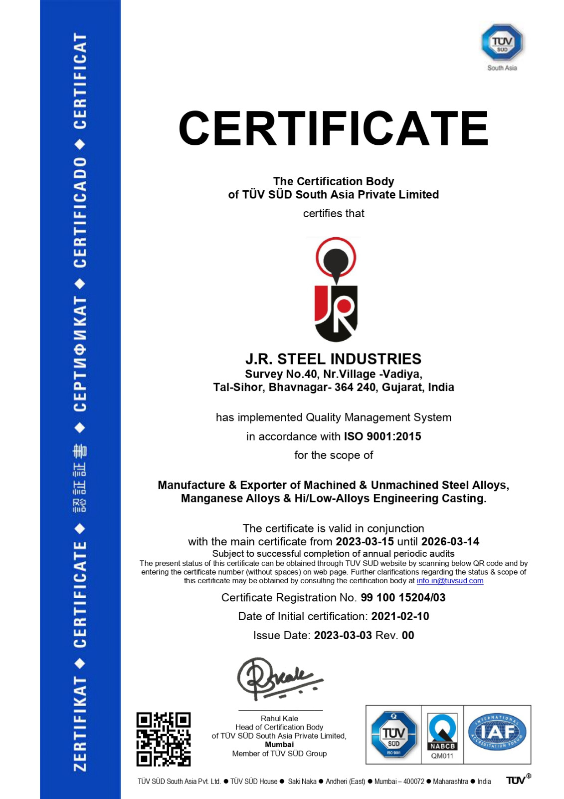 9001 : 2015 | J R Steel Industries