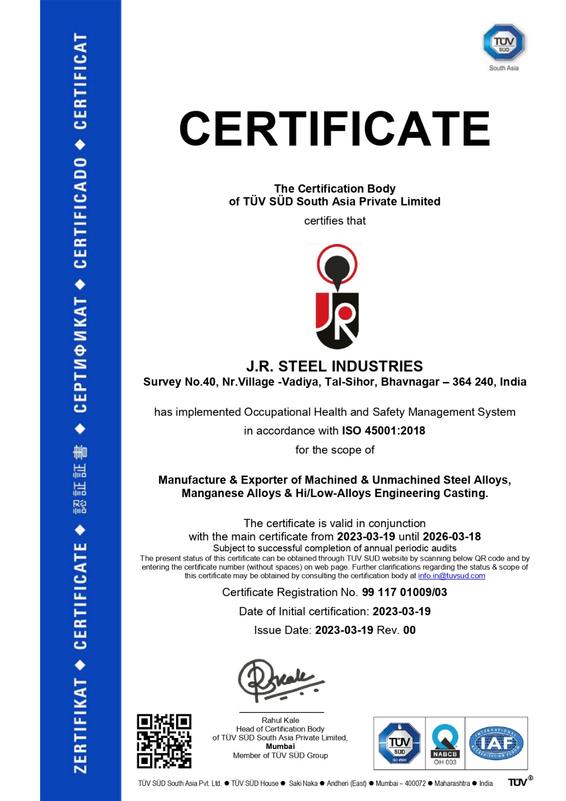 safety-management-system-jr-steel-tuv-sud-certificate